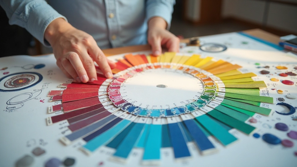 Kleurenwielbegrip met primaire secundaire en tertiaire kleurverdeling op designbureau met kleurenstalen